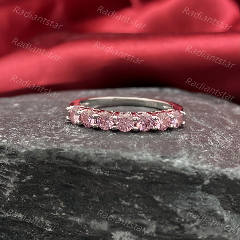 NEW Certified 3mm Pink Moissanite 7 Stone Half Eternity Band Ring - Picture 5 of 11